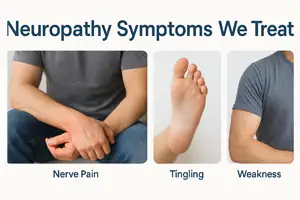 Te Han Diagnosticado con Neuropatía- Síntomas de neuropatía que tratamos: dolor nervioso en el brazo, hormigueo en el pie y debilidad en el brazo, ilustrados con imágenes de un hombre en diferentes posiciones.