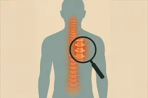 Mechanical Risk Factors for Neuropathy -Illustration of a human silhouette with the spine highlighted in orange, and a magnifying glass zooming in on the middle section of the spine to emphasize structural examination.
