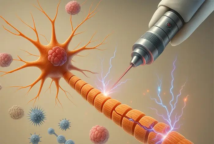Highly detailed illustration of a damaged neuron receiving laser therapy, with a gloved hand holding a laser device targeting the nerve fiber, surrounded by electric sparks and microscopic cellular elements.