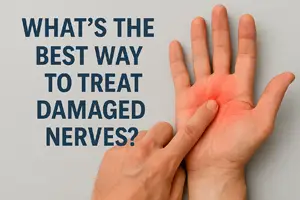 Don’t Just Mask Your Peripheral Neuropathy Symptoms - Close-up of a hand with red inflammation in the palm being gently pressed by another hand, next to the text 'What’s the Best Way to Treat Damaged Nerves?' on a gray background