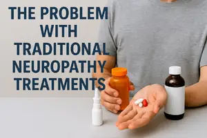 Don’t Just Mask Your Peripheral Neuropathy Symptoms - Person in a gray shirt holding an orange pill bottle and showing various pills in one hand, with additional medication bottles on the table, next to the text 'The Problem with Traditional Neuropathy Treatments