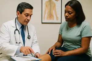 How the Dr Alfonso Neuropathy Treatment Protocol Works - A doctor in a white coat examines a patient’s leg during a neuropathy consultation. The patient, a woman in a green shirt, sits attentively while the doctor points to her knee and references a clipboard, with a nerve anatomy chart visible in the background.