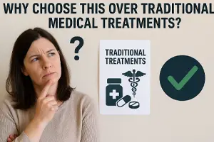 Laser Therapy Reduces Pain in Diabetic Neuropathy - Illustration of a thoughtful woman deciding between traditional treatments and an alternative option. A clipboard with medical symbols and pills represents traditional care, while a large orange checkmark suggests a preferable alternative.
