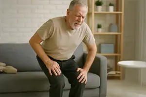 Elderly man grimacing in pain while trying to stand up from a sofa, pressing on his thighs—illustrating proximal diabetic neuropathy
