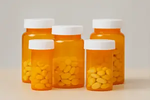 Qué es la isquemia - Primer plano de cinco frascos de prescripción naranjas con tapas blancas, llenos de tabletas amarillas, dispuestos en un entorno con iluminación suave sobre un fondo neutro.