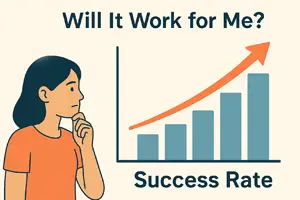 Top 4 Questions About the Dr Alfonso Neuropathy Treatment Protocol - Illustration of a woman thoughtfully looking at a rising bar graph labeled “Success Rate,” with a question mark above her head, symbolizing doubts about treatment effectiveness.