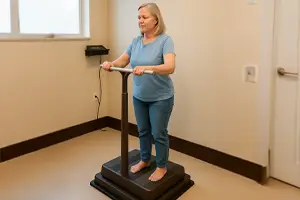 Vibration Therapy for Peripheral Neuropathy -Elderly woman standing barefoot on a vibration therapy platform, holding the support bar with both hands during a neuropathy treatment session.