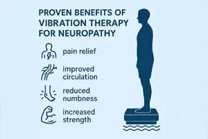 Infographic showing a person on a vibration platform with icons illustrating the proven benefits of vibration therapy for neuropathy: pain relief, improved circulation, reduced numbness, and increased strength.