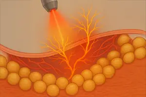 Laser Therapy Repair Nerve Damage from Diabetic Neuropathy - Cross-sectional medical illustration showing photobiomodulation therapy applied to nerve cells beneath the skin. A laser device emits red light that penetrates tissue, illuminating nerve fibers, blood vessels, and surrounding fat cells in a detailed digital representation.