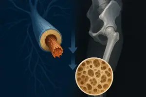 Digital medical illustration showing a damaged nerve fiber on the left with frayed ends and inflamed tissue, pointing to weakened bone structure on the right, including a grayscale pelvis and femur, with a magnified view of porous bone tissue highlighting reduced bone density due to nerve damage