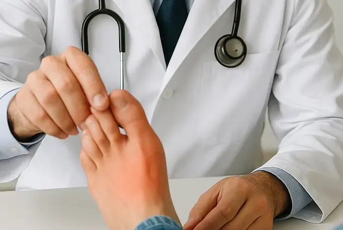 Doctor examining a patient’s foot during a consultation, representing early signs of numbness in your feet due to possible neuropathy.