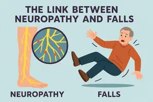 Neuropathy Affects Balance – ilustración educativa que muestra la conexión entre daño en los nervios de las piernas y el riesgo de caídas en adultos mayores