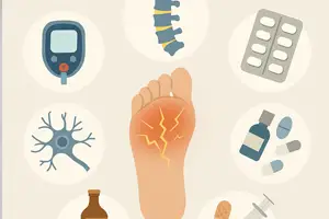 Medical illustration of a foot with tingling sensations represented by yellow lightning lines, surrounded by icons of common causes including a neuron, glucometer, spine, pills, syringe, and alcohol bottle.