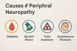 Medical infographic with icons representing the main causes of peripheral neuropathy: diabetes, alcohol abuse, toxic exposure, and autoimmune diseases.