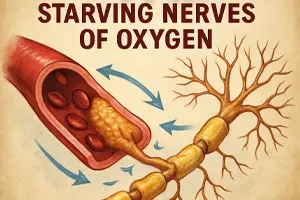 Illustration showing a blocked blood vessel preventing oxygen flow to a nerve cell, representing how poor circulation contributes to nerve damage in diabetic peripheral neuropathy.