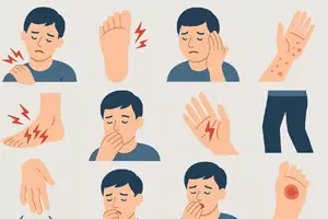 Illustration of a man experiencing various symptoms of peripheral neuropathy, including pain, numbness, tingling, skin issues, and foot ulcers, shown through multiple medical icons and expressions.
