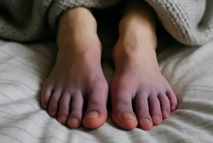 Close-up of discolored, purple-toned feet under a blanket, suggesting poor circulation or nerve damage — Why Cold Feet Could Be More Than Circulation.