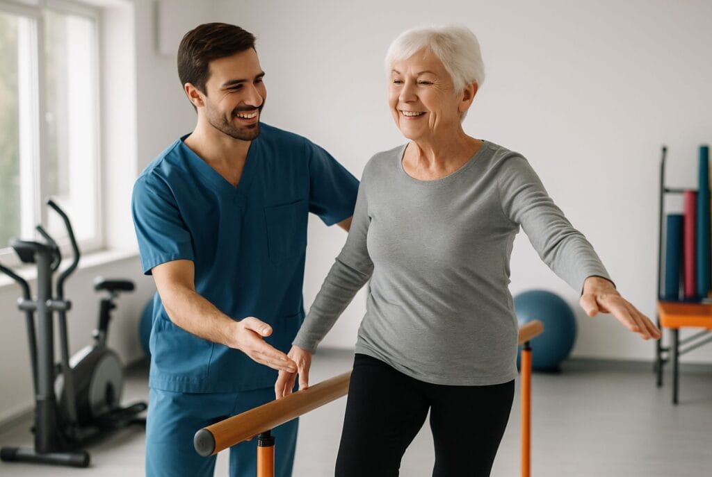 Fisioterapeuta apoyando a una mujer mayor con bastón durante una sesión de entrenamiento de equilibrio en un moderno centro de rehabilitación en Miami.