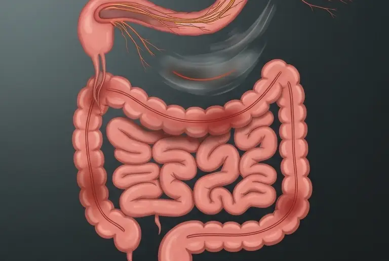 Illustration of the digestive system showing how nerve damage affects the gut and impacts digestion, causing issues like constipation, bloating, and diarrhea.