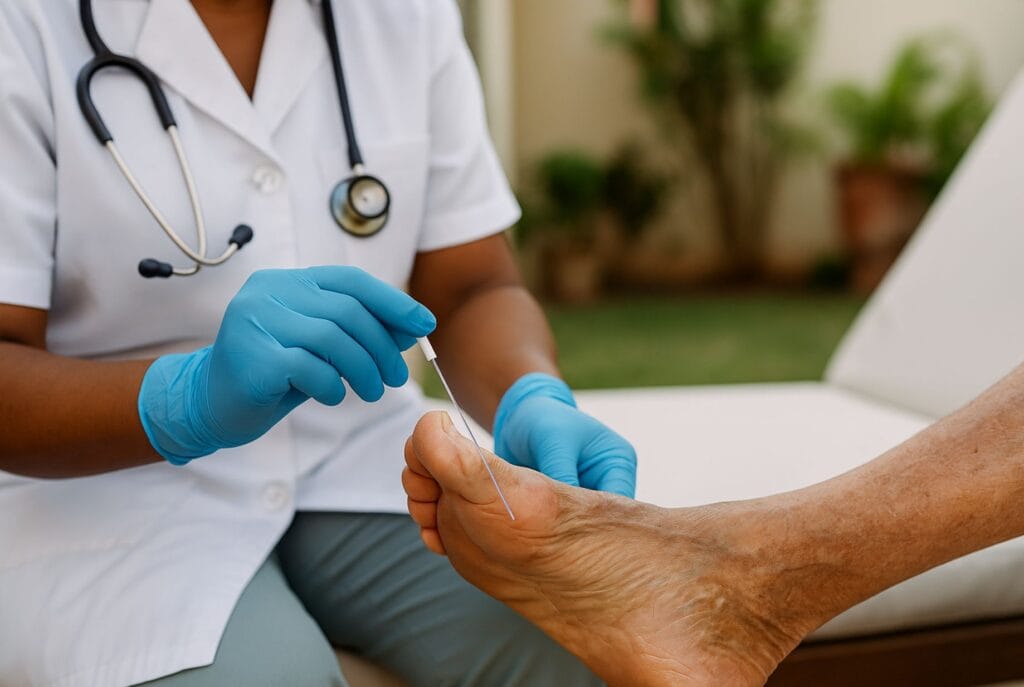 Pies de un paciente siendo examinados por signos de neuropatía diabética en un entorno clínico