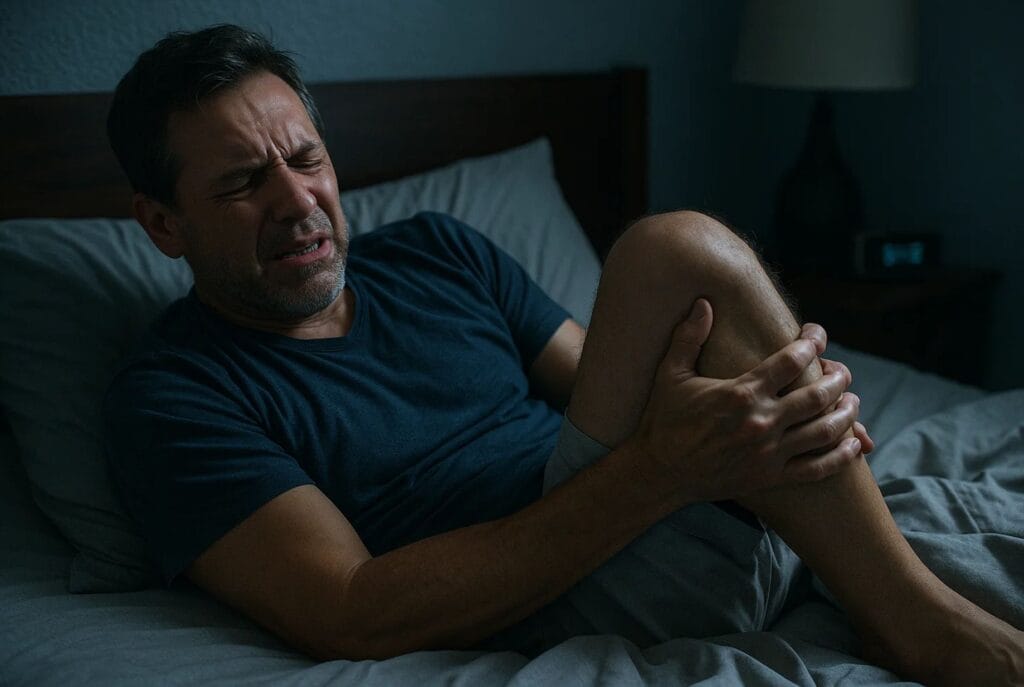 dolor por Neuropatía empeora en la noche - Mujer sentada en la cama sosteniendo sus piernas, sufriendo dolor por neuropatía nocturna y falta de sueño.