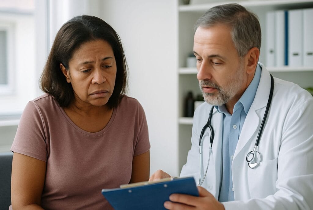 Neuropatía a Menudo se Diagnostica Mal Médico explicando un diagnóstico erróneo de neuropatía a un paciente en una clínica de Miami.