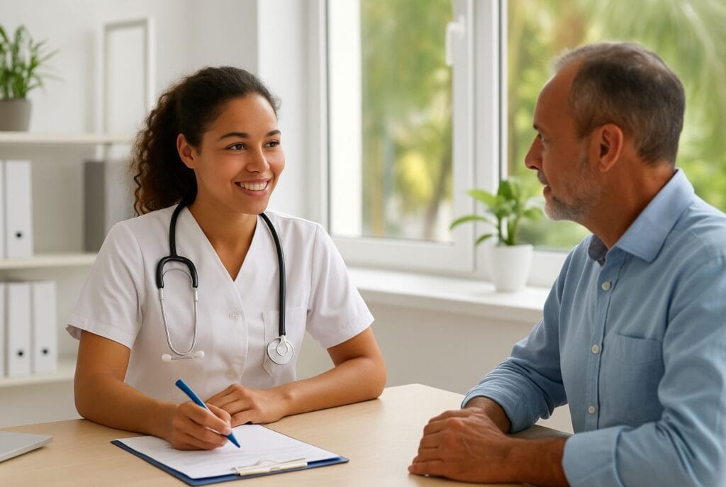 Profesional de la salud en Miami explicando el itinerario de recuperación de neuropatía a un paciente extranjero