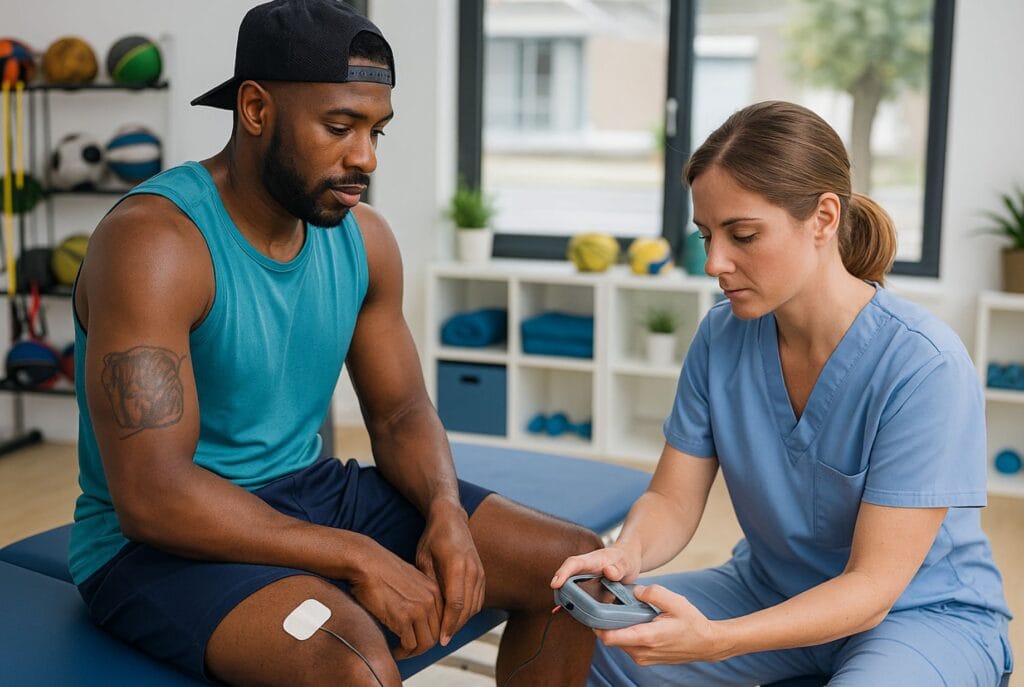 Fisioterapeuta aplicando terapia para recuperación de neuropatía en deportista en clínica de Miami