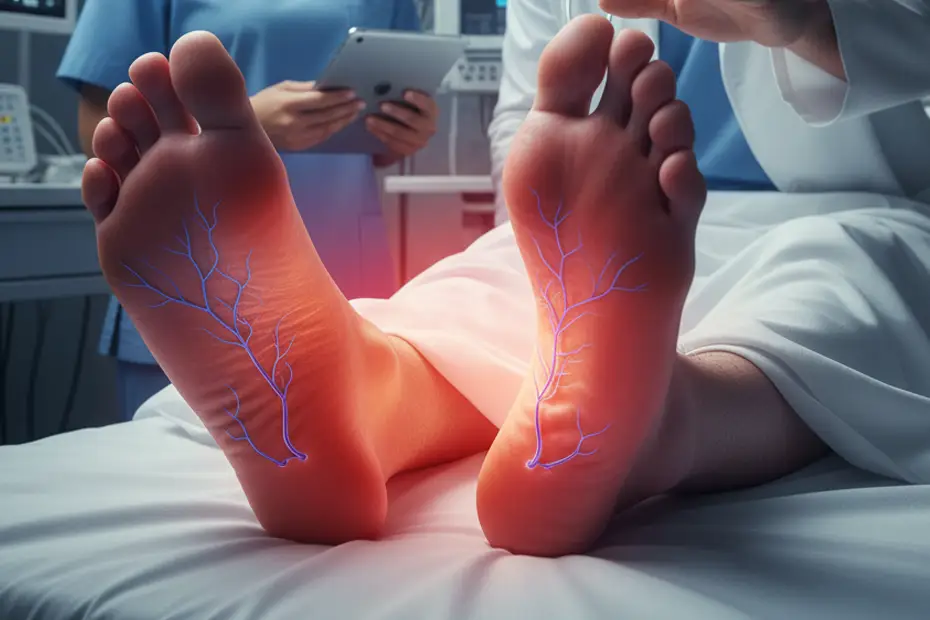burning feet at night  close-up of soles with red heat and highlighted nerves during a medical exam, illustrating nighttime burning feet/neuropathy symptoms
