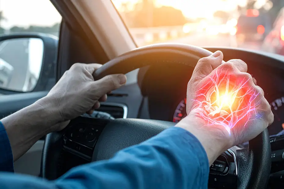 Neuropathy Affects Driving Safety -Neuropathy and temperature sensitivity affecting hands while driving, showing glowing nerve pain and dysfunction in the wrist.
