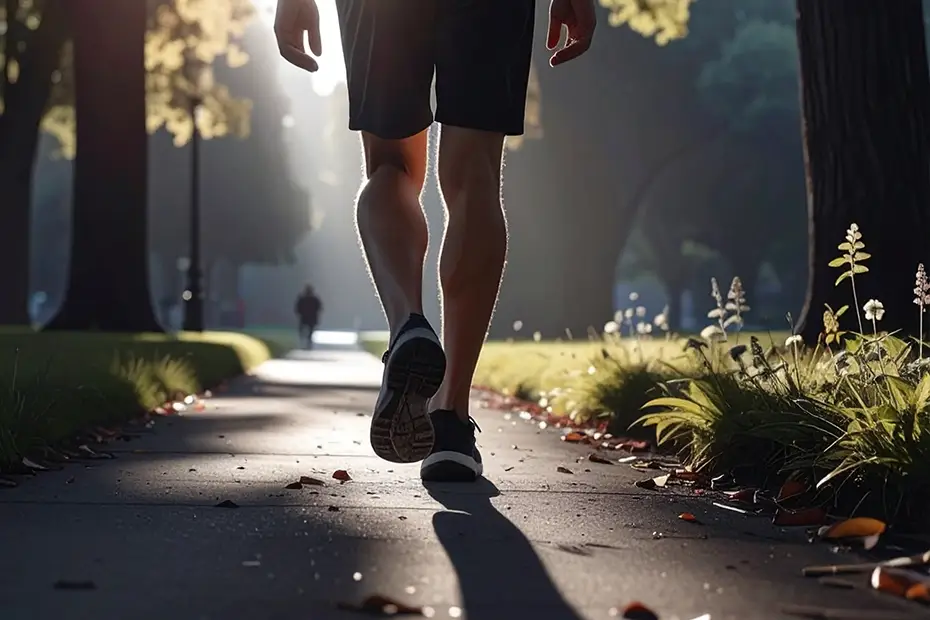 Neuropathy and circulation problems recovery shown by a man walking in a park at sunrise, symbolizing better blood flow and restored nerve health.