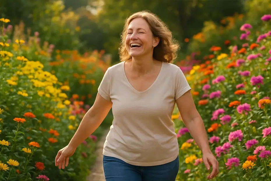 Emotional Toll of Neuropathy - Woman smiling and walking freely through a colorful flower garden, symbolizing the life-changing benefits of restored nerve health.