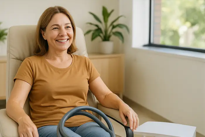 Breakthrough Neuropathy Treatment in Miami - Middle-aged woman smiling while receiving PEMF therapy in a modern Miami clinic, representing a drug-free and surgery-free neuropathy treatment.