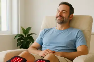HealthLight Therapy for Neuropathy - Middle-aged man relaxing while receiving HealthLight Therapy on his legs in a bright, modern clinic for neuropathy pain relief.