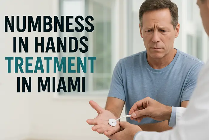 Numbness in Hands - Middle-aged man receiving treatment for hand numbness with a TENS device in a bright Miami clinic, looking concerned while a healthcare professional applies electrodes to his palm.