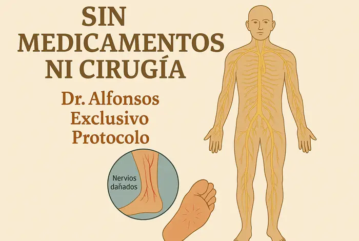 Ilustración médica de la neuropatía periférica que muestra una figura humana con los nervios resaltados en amarillo, terminaciones nerviosas inflamadas en la parte inferior de la pierna y un pie en estado de malestar, representando visualmente el dolor y daño nervioso.