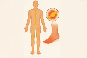 Ilustración médica de una figura humana con el sistema nervioso resaltado en amarillo, un pie enrojecido y un círculo que muestra una terminación nerviosa inflamada, representando el dolor por neuropatía periférica.
