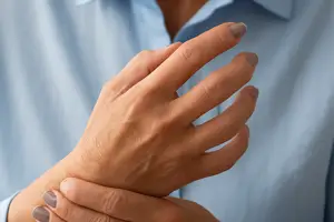 Persona con camisa azul tocándose la muñeca con la mano opuesta, representando dolor, entumecimiento o molestia en la mano debido a neuropatía o daño nervioso.