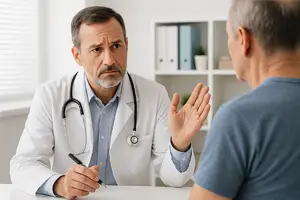Te Han Diagnosticado con Neuropatía- Médico de mediana edad con bata blanca y estetoscopio, conversando seriamente con un paciente mayor en una consulta médica. El doctor sostiene un bolígrafo y levanta una mano en señal de explicación, mientras escucha al paciente. Fondo con estantería blanca y luz natural.