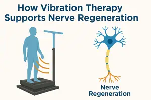 Terapia de Vibración para la Neuropatía Periférica – Hombre mayor recibiendo terapia de vibración para la neuropatía periférica mientras está de pie sobre una plataforma vibratoria en una sala clínica, con los ojos cerrados y las manos sujetando las barras de apoyo, con una expresión serena y concentrada.