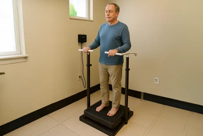 Terapia de Vibración para la Neuropatía Periférica – Hombre mayor recibiendo terapia de vibración para la neuropatía periférica mientras está de pie sobre una plataforma vibratoria en una sala clínica, con los ojos cerrados y las manos sujetando las barras de apoyo, con una expresión serena y concentrada.