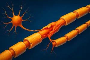 Treatment for Damaged Nerves in Miami - detailed digital illustration of a damaged nerve fiber with frayed and inflamed myelin sheath, shown in vivid orange and red hues on a dark blue background, highlighting the affected area and a nearby neuron.