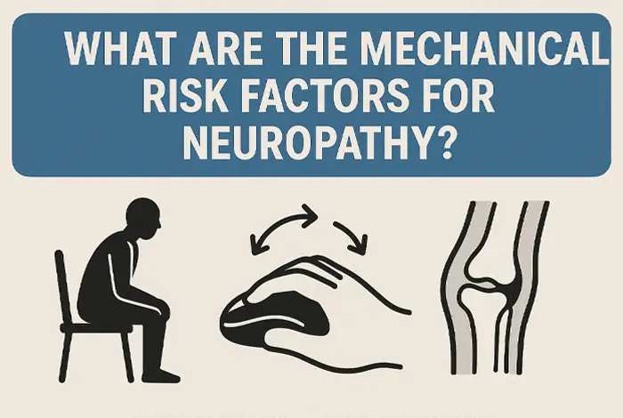 Horizontal infographic with the title “WHAT ARE THE MECHANICAL RISK FACTORS FOR NEUROPATHY?” in bold white text on a blue banner. Below, three minimalist icons illustrate risk factors: poor seated posture, repetitive hand motion with a mouse, and nerve compression in a joint.