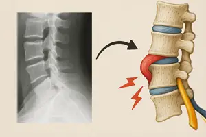 Mechanical Risk Factors for Neuropathy - Side-by-side medical image showing a cervical spine X-ray on the left and a detailed anatomical illustration on the right of a herniated disc pressing against a spinal nerve with red pain indicators.