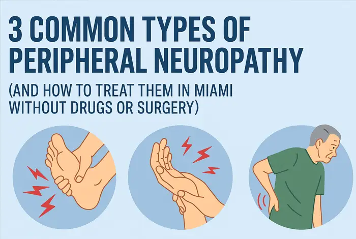Infographic showing three common types of peripheral neuropathy: foot pain, hand tingling, and lower back discomfort, with the title '3 Common Types of Peripheral Neuropathy (and How to Treat Them in Miami Without Drugs or Surgery)' in bold letters.