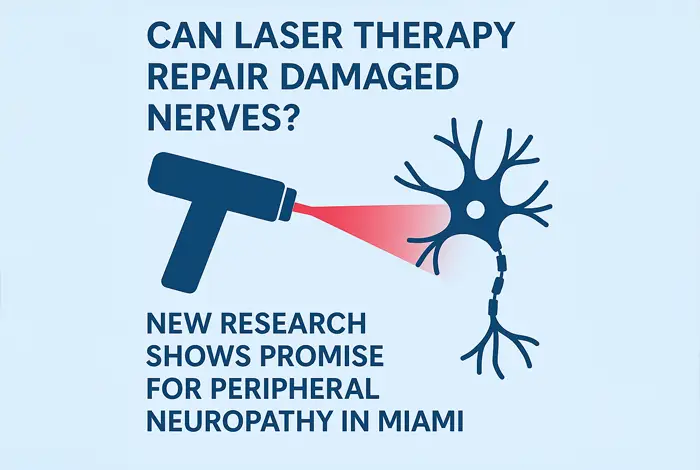 Illustration of a laser beam targeting a damaged nerve cell with bold text reading "Can Laser Therapy Repair Damaged Nerves? New research shows promise for peripheral neuropathy in Miami."