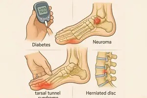 Foot Nerve Pain Relief in Miami- Medical illustration showing common causes of foot nerve pain: a glucose meter representing diabetes, foot diagrams highlighting neuroma and tarsal tunnel syndrome, and a spine with a herniated disc affecting nerve pathways.