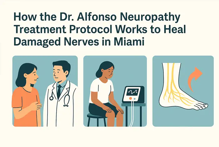 How the Dr Alfonso Neuropathy Treatment Protocol Works - Infographic showing three stages of Dr. Alfonso’s neuropathy treatment: a consultation with the doctor, a woman receiving therapy with a medical device, and a foot with regenerating nerves and an upward arrow representing healing.
