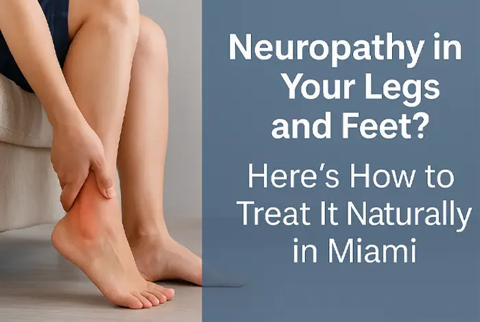 Close-up image of a person sitting on a couch, gently holding their heel in discomfort, with the text 'Neuropathy in Your Legs and Feet? Here’s How to Treat It Naturally in Miami' on a blue background