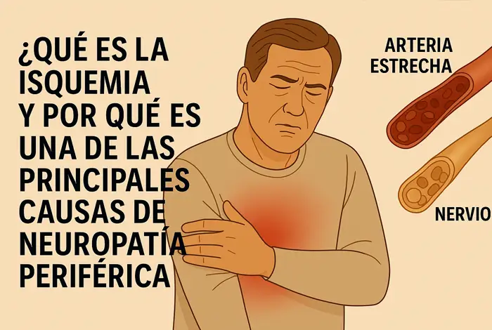 Qué es la isquemia -Ilustración médica de un hombre con dolor en el brazo y pecho, junto a texto que pregunta qué es la isquemia y por qué es una de las principales causas de neuropatía periférica; se muestran también una arteria estrecha y un nervio.